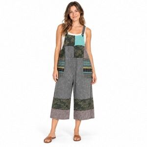 Yak & Yeti Patchwork Overalls L/XL Grey Mineral Wash Boho Wide Leg Jumpsuit